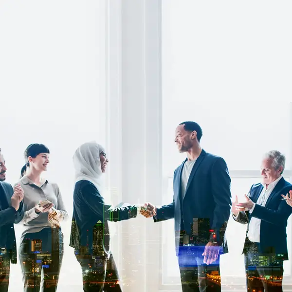 startup diverse international businesspeople shaking hands